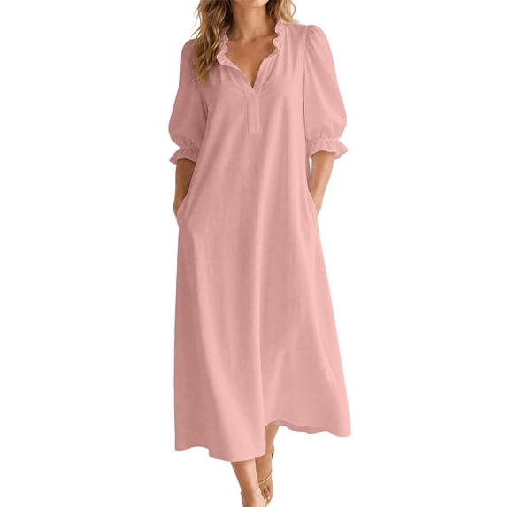 Eawtki Women's Ruffle V Neck Puff Three Quarter Sleeve Maxi Dress Side Pockets Loose Fit Casual Summer Shift Dress