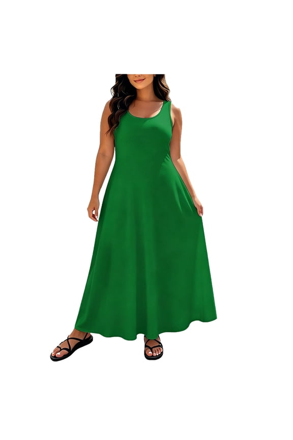 Women's Scoop Neck Sleeveless Maxi Dress Plus Size Loose Fit Casual Summer Swing Dress For Women