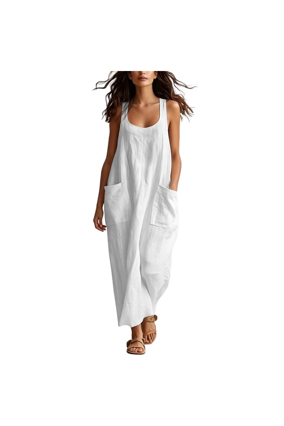Women's Scoop Neck Sleeveless Maxi Dress With Pockets Loose Fit Casual Summer Linen Blend Shift Dress