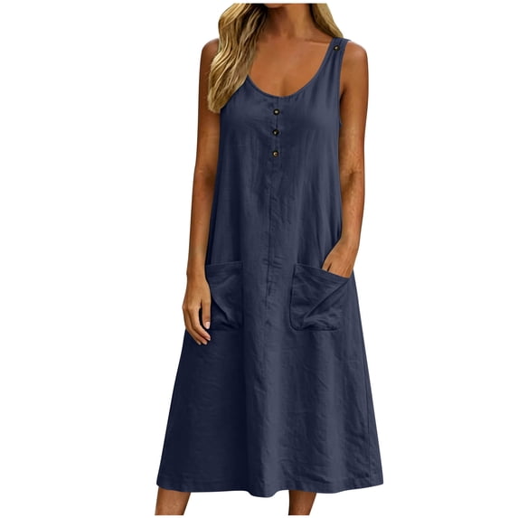 Eawtki Women's Scoop Neck Sleeveless Midi Dress Partial Button With Pockets Loose Fit Casual Linen Blend Summer Dress