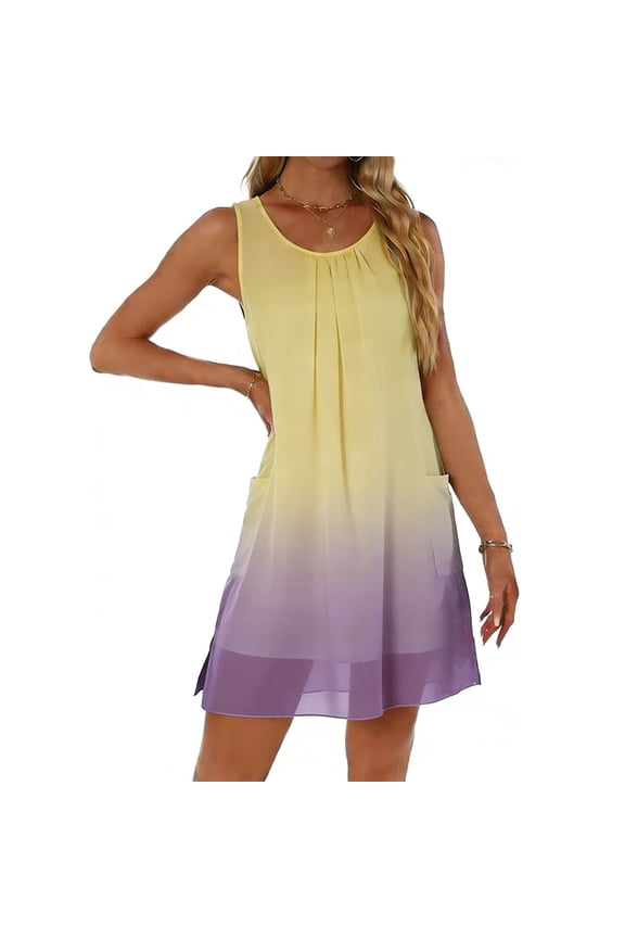 Women's Sleeveless Midi Dress Pleated Neckline Casual Summer Dress with Pockets for Beach Vacation