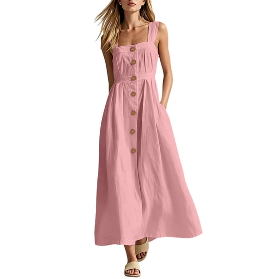 Eawtki Women's Sleeveless Square Neck Maxi Dress Button Front With Pockets A Line Casual Summer Dress For Vacation