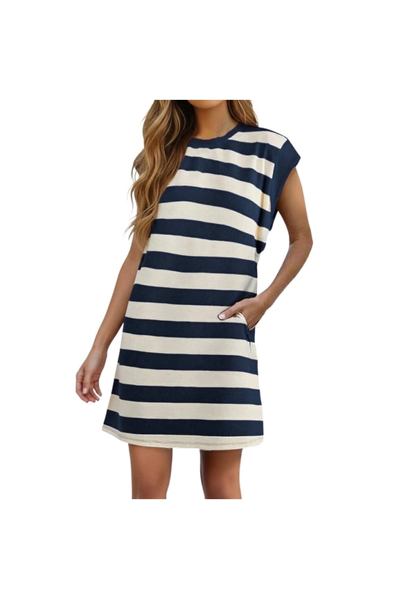 Women's Sleeveless Striped T-Shirt Dress with Crew Neck Casual Shift Dress with Pockets for Everyday Wear