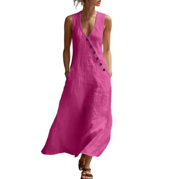 Eawtki Women's Sleeveless V Neck Maxi Dress Side Button Detail Casual Linen Blend Dress with Pockets