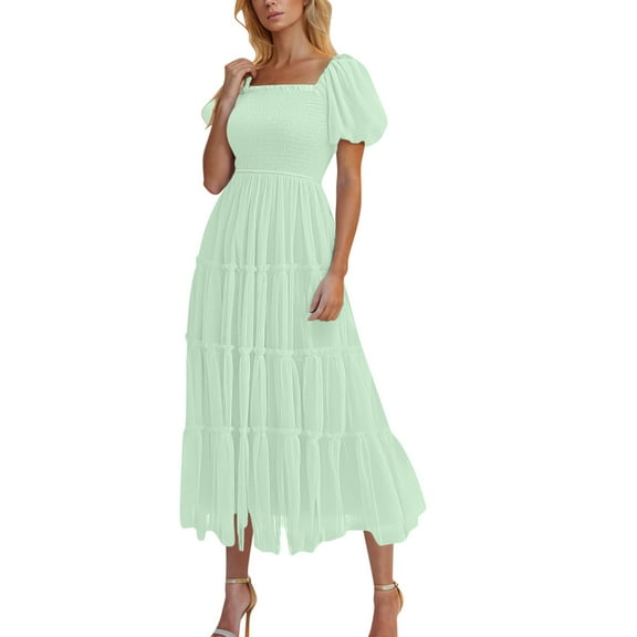 Eawtki Women's Smocked Midi Tulle Dress 2025 Summer Puffy Short Sleeve Square Neck Ruffle Wedding Guest Party Dresses