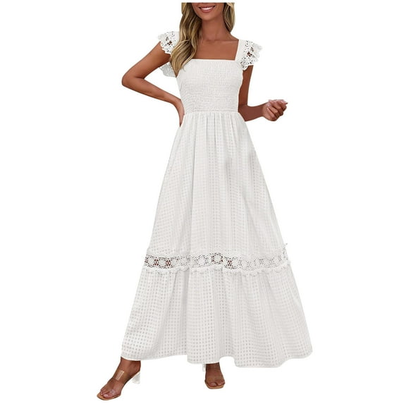 Eawtki Women's Smocked Summer Maxi Dresses 2025 Ruffle Cap Sleeve Square Neck Lace Detail Flowy Sundress with Pockets