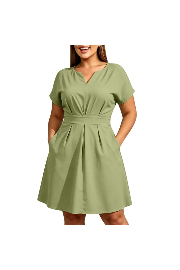 Women's Split V Neck Short Sleeve Mini Dress Front Pleated Waist Tie Side Pockets Loose Fit Casual Summer Office Shift Dress