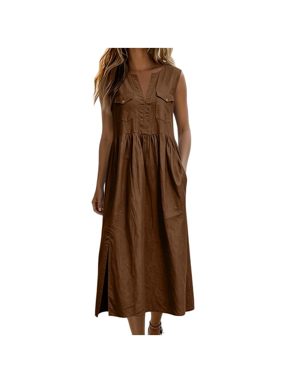Women's Split V Neck Sleeveless Maxi Linen Dress Chest Flap Pockets Empire Waist Side Slit Loose Fit Casual Summer Shift Dress