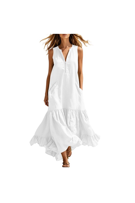 Women's Split V Neck Sleeveless Maxi Linen Dress Dual Side Patch Pockets Dual Tier Ruffle Hem Loose Flow Fit Casual Resort Cover Up Dress