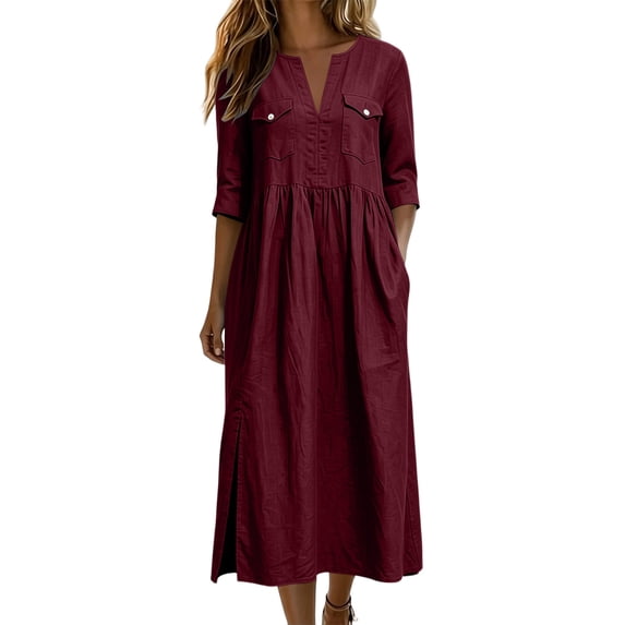 Eawtki Women's Split V Neck Three Quarter Sleeve Maxi Linen Dress Chest Flap Pockets Empire Waist Side Slit Loose Casual Vacation Dress