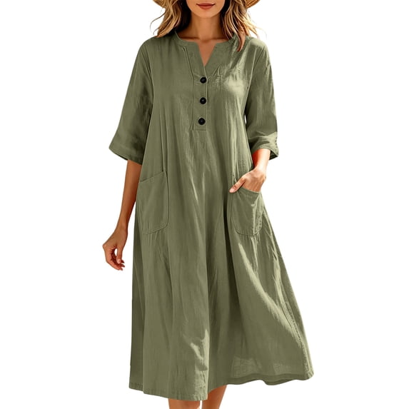 Eawtki Women's Split V Neck Three Quarter Sleeve Midi Dress Half Button Placket Dual Patch Pockets Loose Fit Linen Blend Tunic Dress