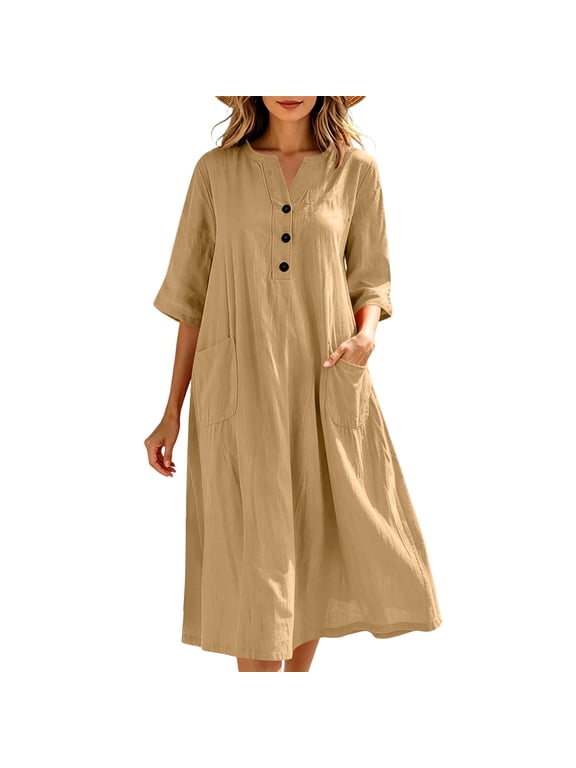 Women's Split V Neck Three Quarter Sleeve Midi Dress Half Button Placket Dual Patch Pockets Loose Fit Linen Blend Tunic Dress