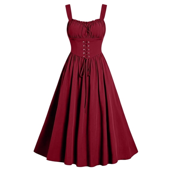 Eawtki Women's Square Spaghetti Strap Midi Dress Lace Up Corset Waist Gathered Bust Full Flared A Line Casual Party Dress