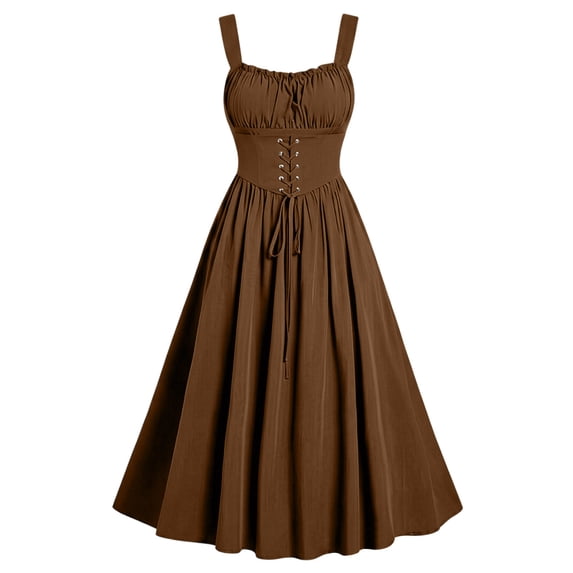 Eawtki Women's Square Spaghetti Strap Midi Dress Lace Up Corset Waist Gathered Bust Full Flared A Line Casual Party Dress