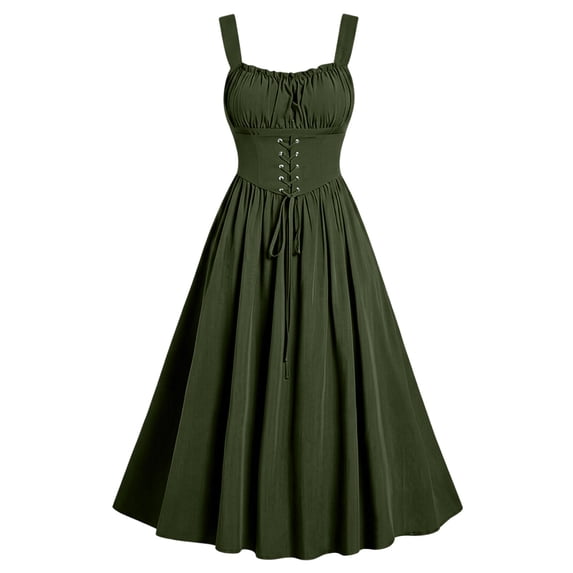 Eawtki Women's Square Spaghetti Strap Midi Dress Lace Up Corset Waist Gathered Bust Full Flared A Line Casual Party Dress