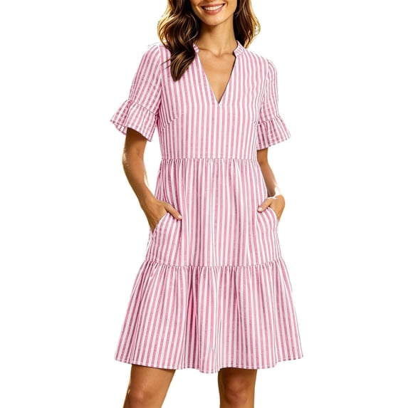 Eawtki Women's Striped V Neck Midi Dress Short Ruffle Sleeve Tiered Hem Casual Summer Dress With Pockets For Daily Vacation