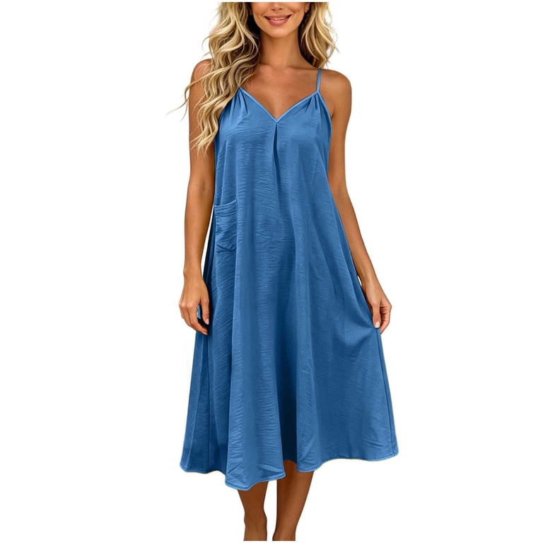 Eawtki Women's Thin Spaghetti Strap V Neck Midi Jersey Dress Hidden Side Patch Pocket Loose Straight Fit Soft Casual Summer Everyday Swing Dress