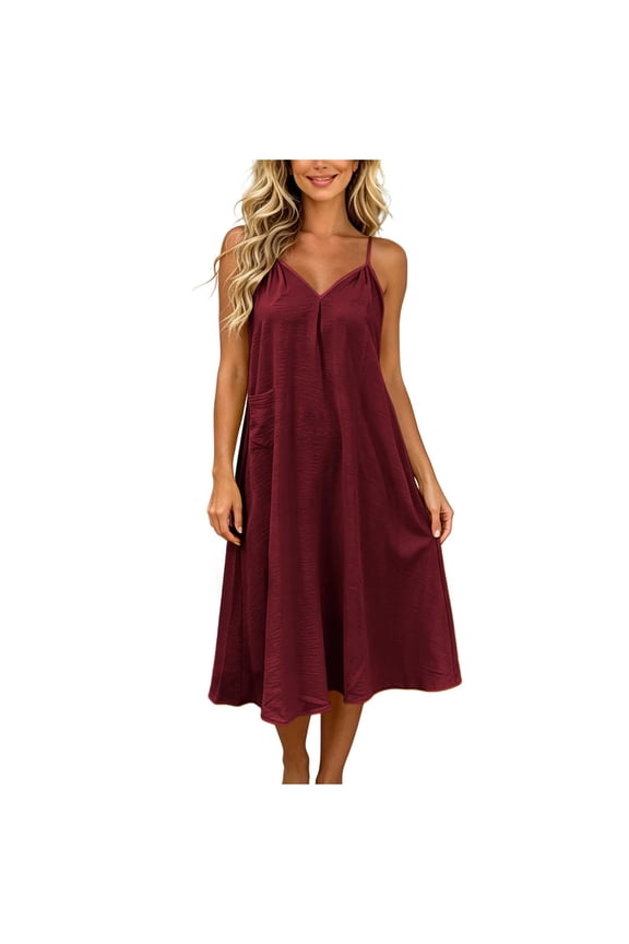 Women's Thin Spaghetti Strap V Neck Midi Jersey Dress Hidden Side Patch Pocket Loose Straight Fit Soft Casual Summer Everyday Swing Dress
