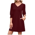 thumbnail image 1 of Eawtki Women's V Neck 3/4 Puff Sleeve Mini Dress with Pockets Casual Shift Dress for Work Everyday Casual Wear, 1 of 6