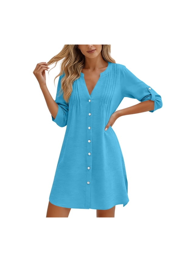 Women's V Neck 3/4 Sleeve Midi Dress Button Front Loose Fit Casual Dress For Office Work Vacation Beach Daily Errands