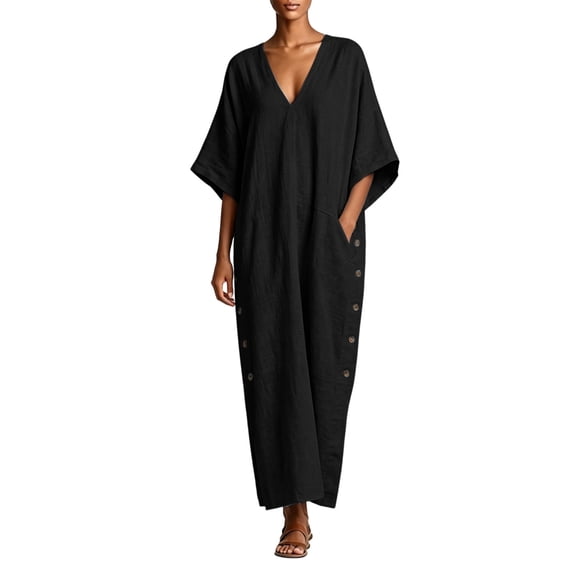 Eawtki Women's V Neck Batwing Sleeve Maxi Dress Side Buttons Loose Fit Casual Summer Linen Blend Caftan Dress