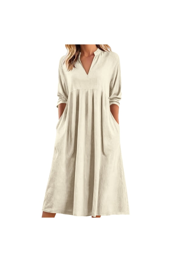 Women's V Neck Empire Waist Maxi Dress 3/4 Sleeve Casual Loose Fit Dress with Pockets for Summer