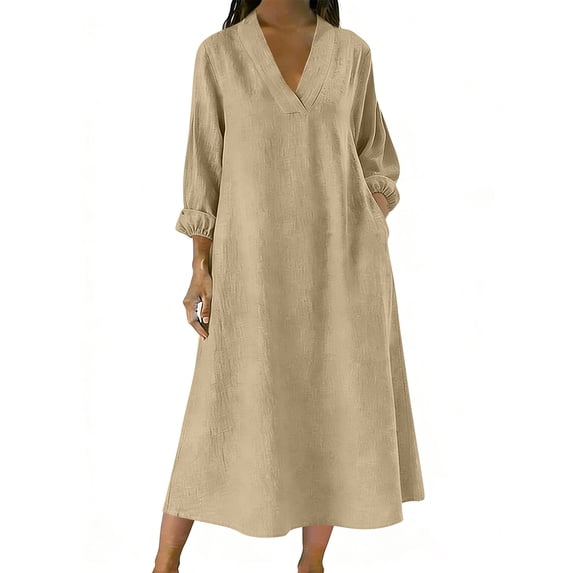 Eawtki Women's V Neck Long Sleeve Maxi Dress Loose Fit With Pockets Solid Casual Dress For Spring Summer Daily Wear Vacation
