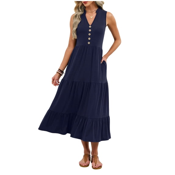Eawtki Women's V Neck Maxi Dress with Tiered Skirt Sleeveless Casual Henley Dress for Everyday Summer Wear