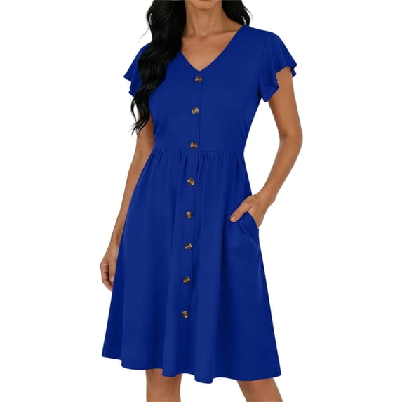 Eawtki Women's V Neck Ruffle Sleeve Button Front Midi Dress Pockets A Line Casual Dress For Work Party Daily Wear
