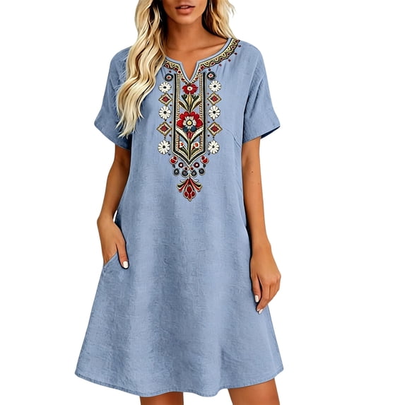 Eawtki Women's V Neck Short Sleeve Midi Dress Floral Embroidery With Pockets Loose Fit Casual Boho Summer Dress For Women