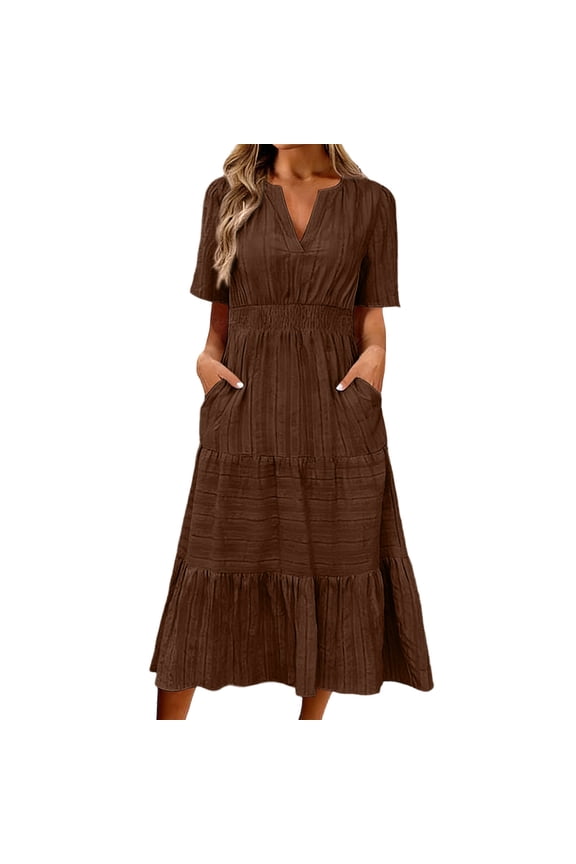 Women's V Neck Short Sleeve Midi Dress Shirred Waist Tiered Ruffle Hem Casual Summer Dress For Daily Wear Vacation