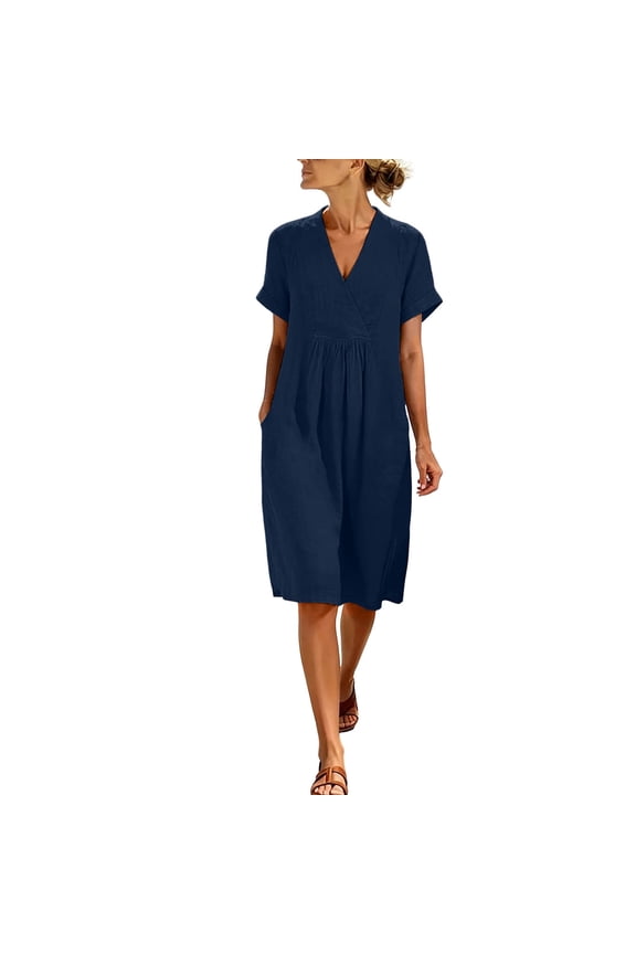 Women's V Neck Short Sleeve Midi Dress Surplice Front With Pockets Loose Fit Casual Linen Blend Summer Dress