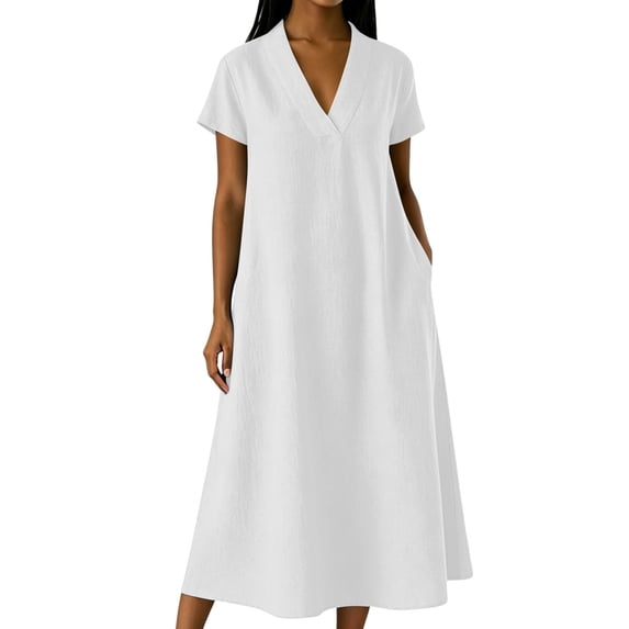 Eawtki Women's V Neck Short Sleeve Midi Dress With Pockets Loose Fit Casual Summer Linen Blend Dress For Women