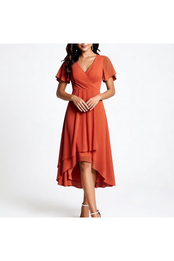 Women's V Neck Short Sleeve Midi Dress Wrap Front High Low Hem Chiffon Casual Party Cocktail Dress