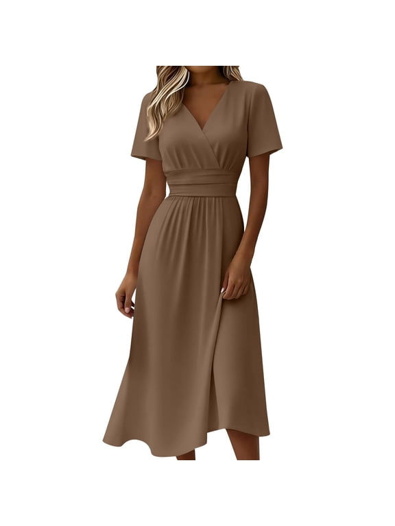 Women's V Neck Short Sleeve Midi Dress Wrap Waist Asymmetric Hem Fitted Casual Summer Swing Dress For Women