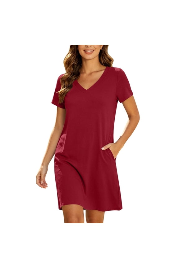 Women's V Neck Short Sleeve Mini Dress Hidden Side Pockets Loose Fit Casual Summer Jersey Shift Dress