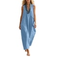 thumbnail image 1 of Eawtki Women's V Neck Sleeveless Maxi Dress Denim Trim With Pockets Loose Fit Casual Summer Linen Blend Dress, 1 of 7