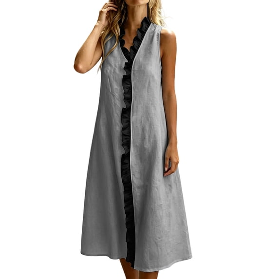 Eawtki Women's V Neck Sleeveless Midi Dress Contrast Ruffle Trim Loose Fit Casual Linen Blend Summer Dress
