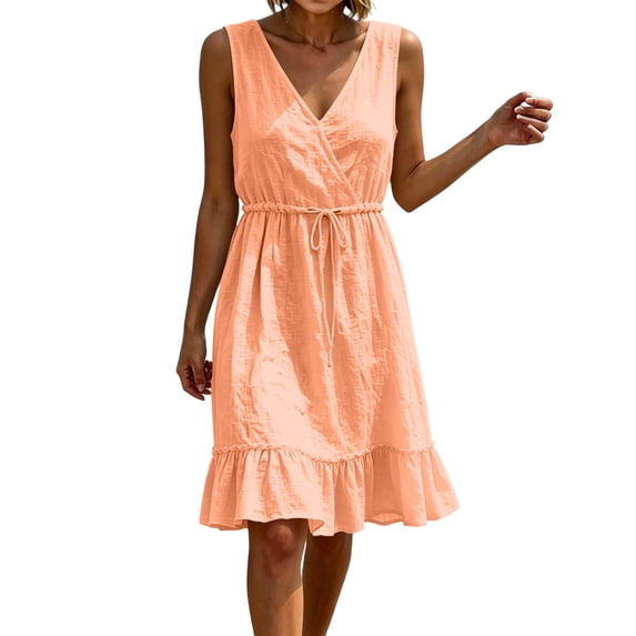 Eawtki Women's V Neck Sleeveless Midi Dress Elastic Waist Ruffle Hem Loose Fit Casual Summer Dress For Women