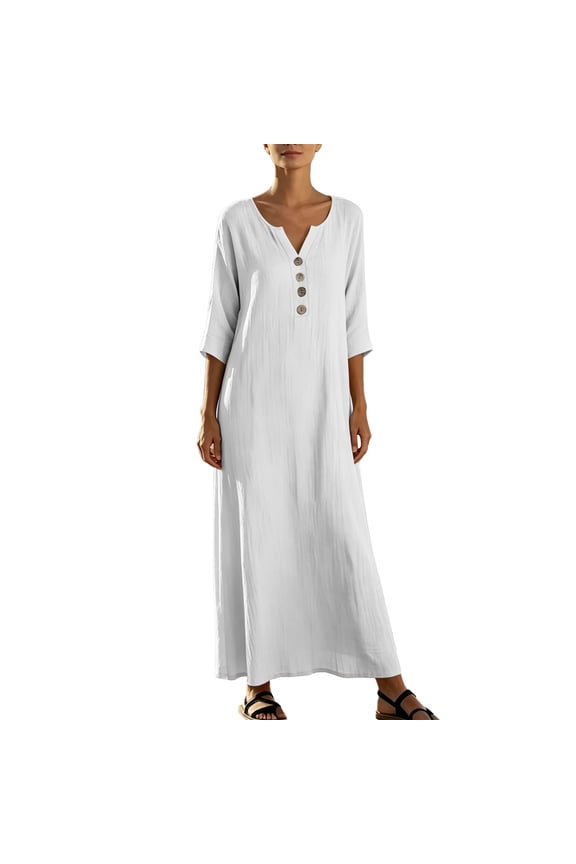 Women's V Neck Three Quarter Sleeve Maxi Dress Button Placket Loose Fit Casual Summer Linen Blend Caftan Dress