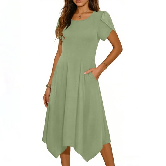 Eawtki Womens Casual Dress for Summer Short Sleeve Loose Flowy Beach Dress with Pockets Hankerchief Flare Midi Sundress