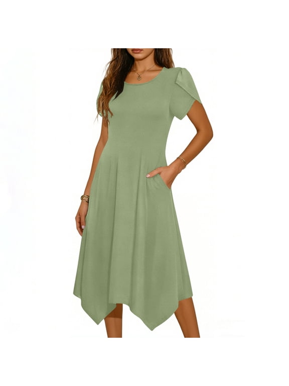 Womens Casual Dress for Summer Short Sleeve Loose Flowy Beach Dress with Pockets Hankerchief Flare Midi Sundress