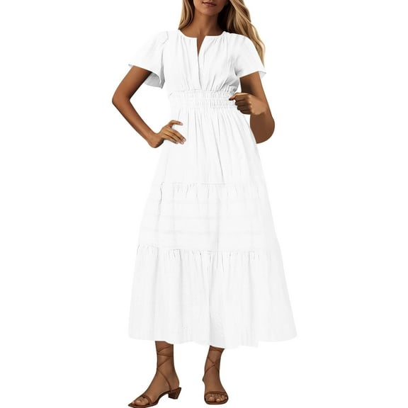 Eawtki Womens Summer 2025 Casual Midi Maxi Dresses Lightweight Short Sleeve V Neck Elastic Waist Boho Beach Dress