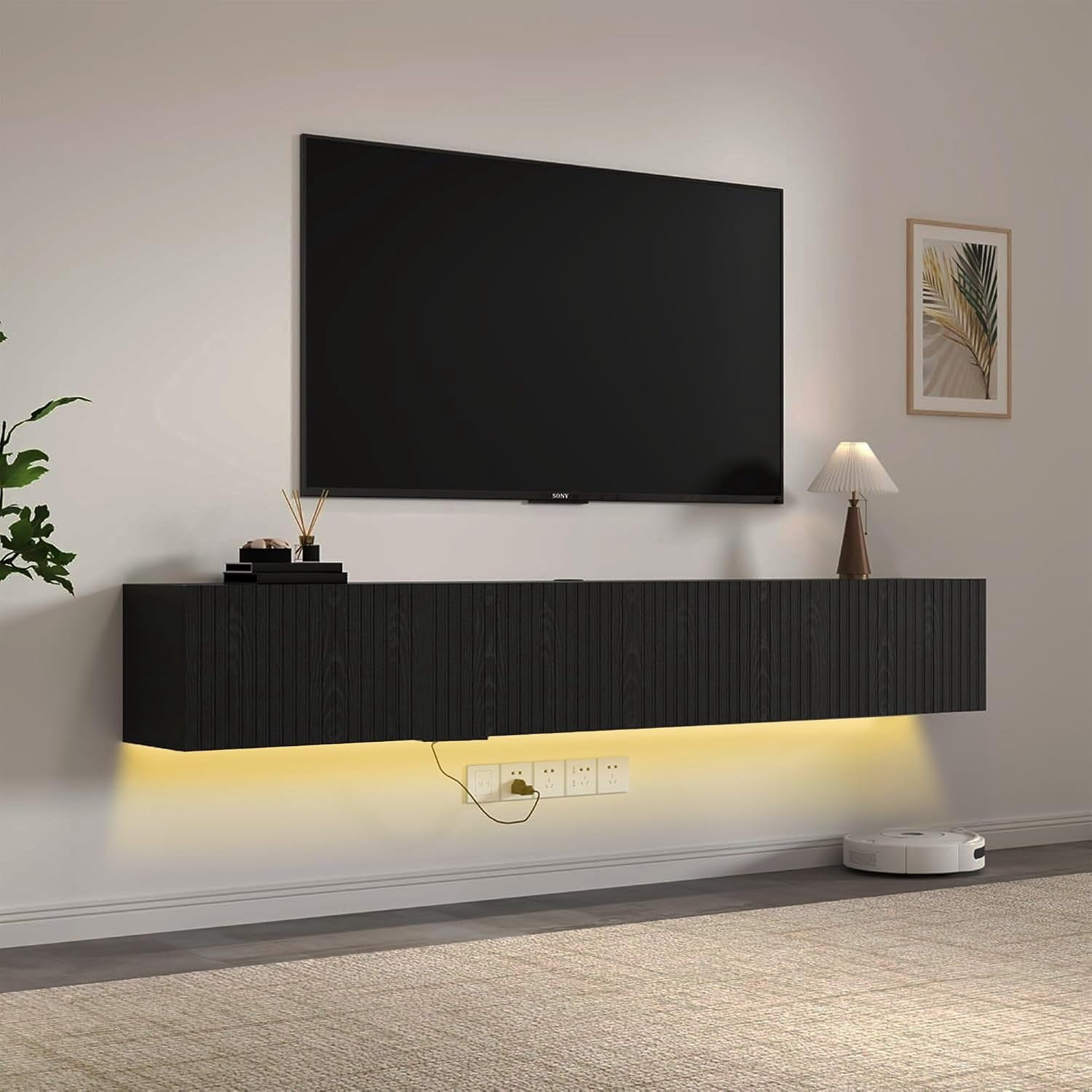 EazeHome 82" Floating TV Stand with LED Lights & Charging Station for 80 inch TV, Wall Mounted Entertainment Center, Modern Floating TV Shelf with Fluted Doors for Living Room, Bedroom, Black