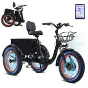 YEBEI Electric Tricycle for Adults Folding E-Trike Motorized Tricycle Electric 3 Wheels Trike Powerful Peak 750W Motor Electric Tricycle 48V15AH Lithium Battery Max 20MPH 20*4.0” Fat Tire Orange