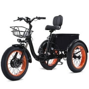 YEBEI Electric Tricycle for Adults Folding E-Trike Motorized Tricycle Electric 3 Wheels Trike Powerful Peak 750W Motor Electric Tricycle 48V15AH Lithium Battery Max 20MPH 20*4.0” Fat Tire Orange