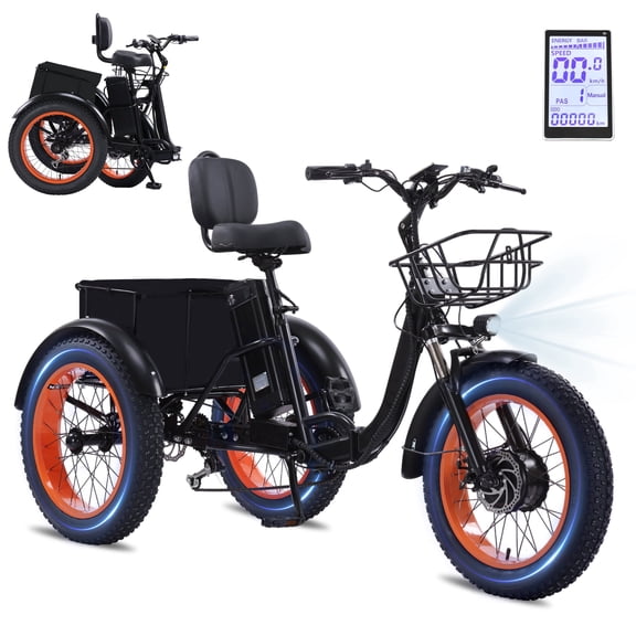 YEBEI Electric Tricycle for Adults Folding E-Trike Motorized Tricycle Electric 3 Wheels Trike Powerful Peak 750W Motor Electric Tricycle 48V15AH Lithium Battery Max 20MPH 20*4.0” Fat Tire Orange