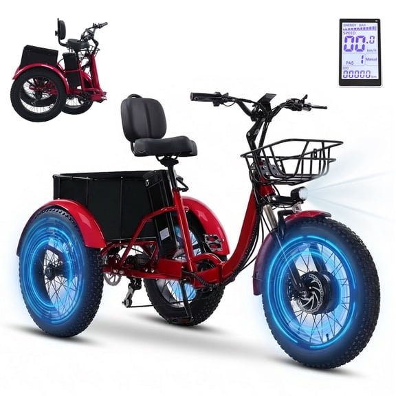 YEBEI Electric Tricycle for Adults Folding E-Trike Motorized Tricycle Electric 3 Wheels Trike Powerful Peak750W Motor Electric Tricycle 48V15AH Lithium Battery Max 20MPH 20*4.0” Fat Tire Red