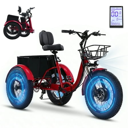 YEBEI Electric Tricycle for Adults Folding E-Trike Motorized Tricycle Electric 3 Wheels Trike Powerful Peak750W Motor Electric Tricycle 48V15AH Lithium Battery Max 20MPH 20*4.0” Fat Tire Red