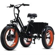 YEBEI Electric Tricycle for Adults Folding E-Trike Motorized Tricycle Electric 3 Wheels Trike Powerful Peak 750W Motor Electric Tricycle 48V15AH Lithium Battery Max 20MPH 20*4.0” Fat Tire Orange